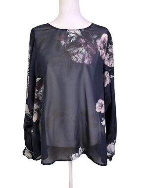 Hope & Harrow Navy Pink floral Sheer Blouse with Ballon sleeves Size L